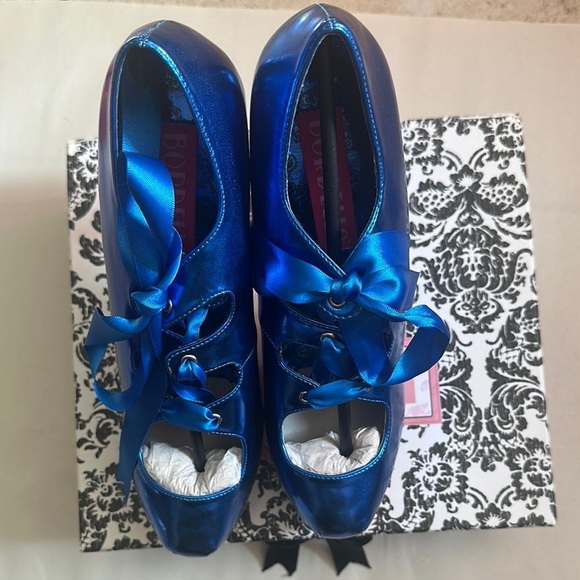 Bordello Blue Satin Heels with Ribbon Detail - Picture 1 of 5